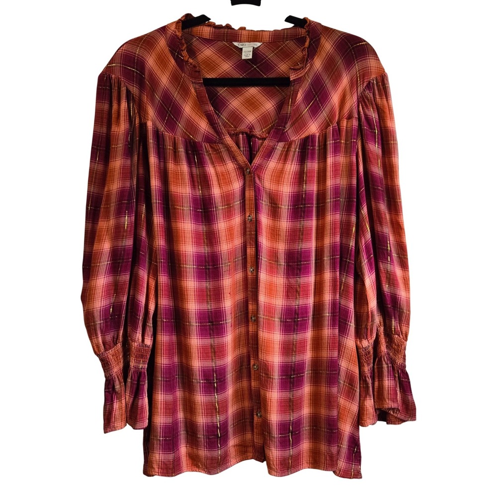 Cato Boho Prairie Soft Brushed Plaid Button Front Blouse Orange Wine Gold 22/24